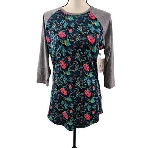 LuLaRoe Size S Randy Baseball Tee Shirt Floral Raglan Sleeve Green Gray NEW